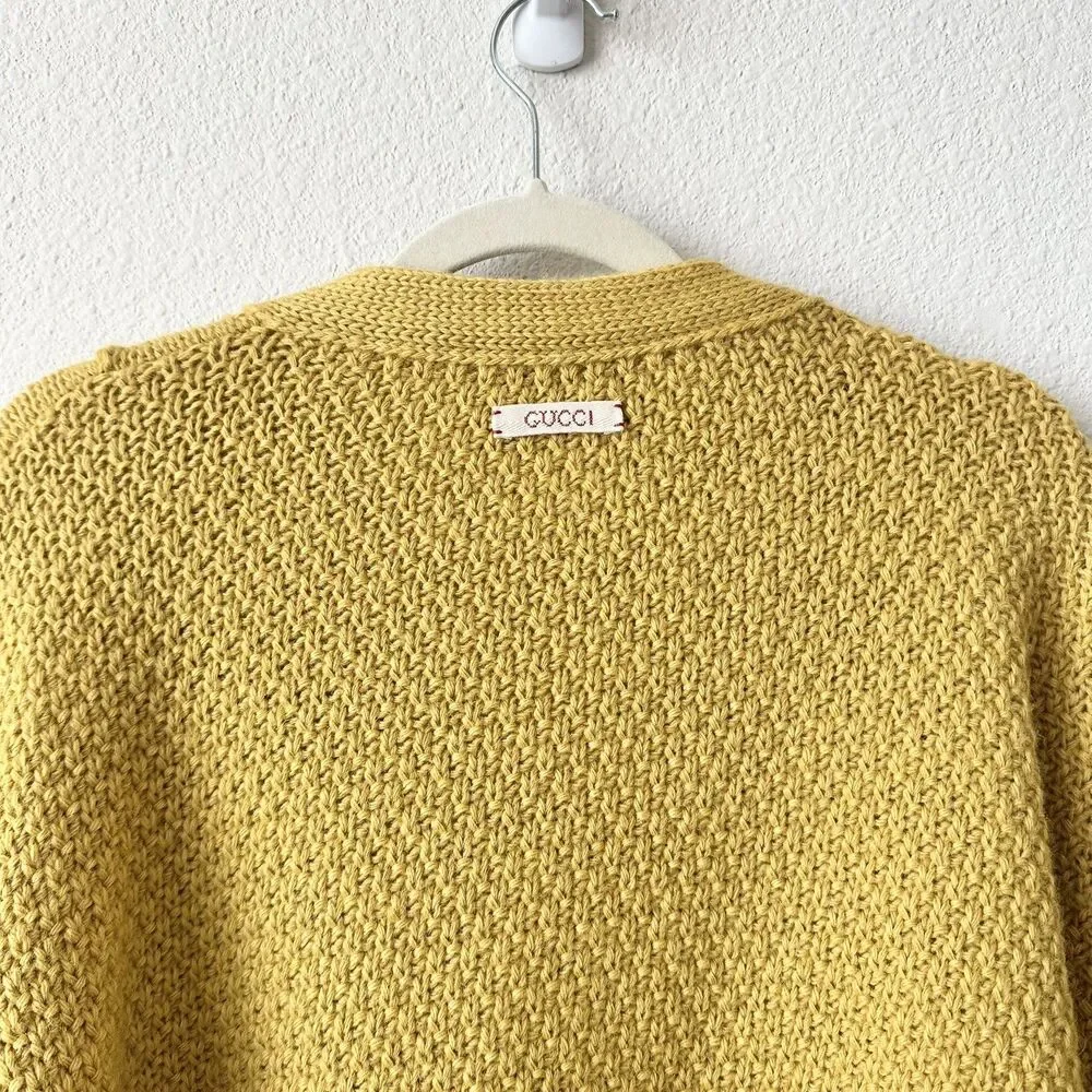 GUCCI V-Neck Cable Knit Wool Sweater Detachable Sleeve in Yellow Size Medium